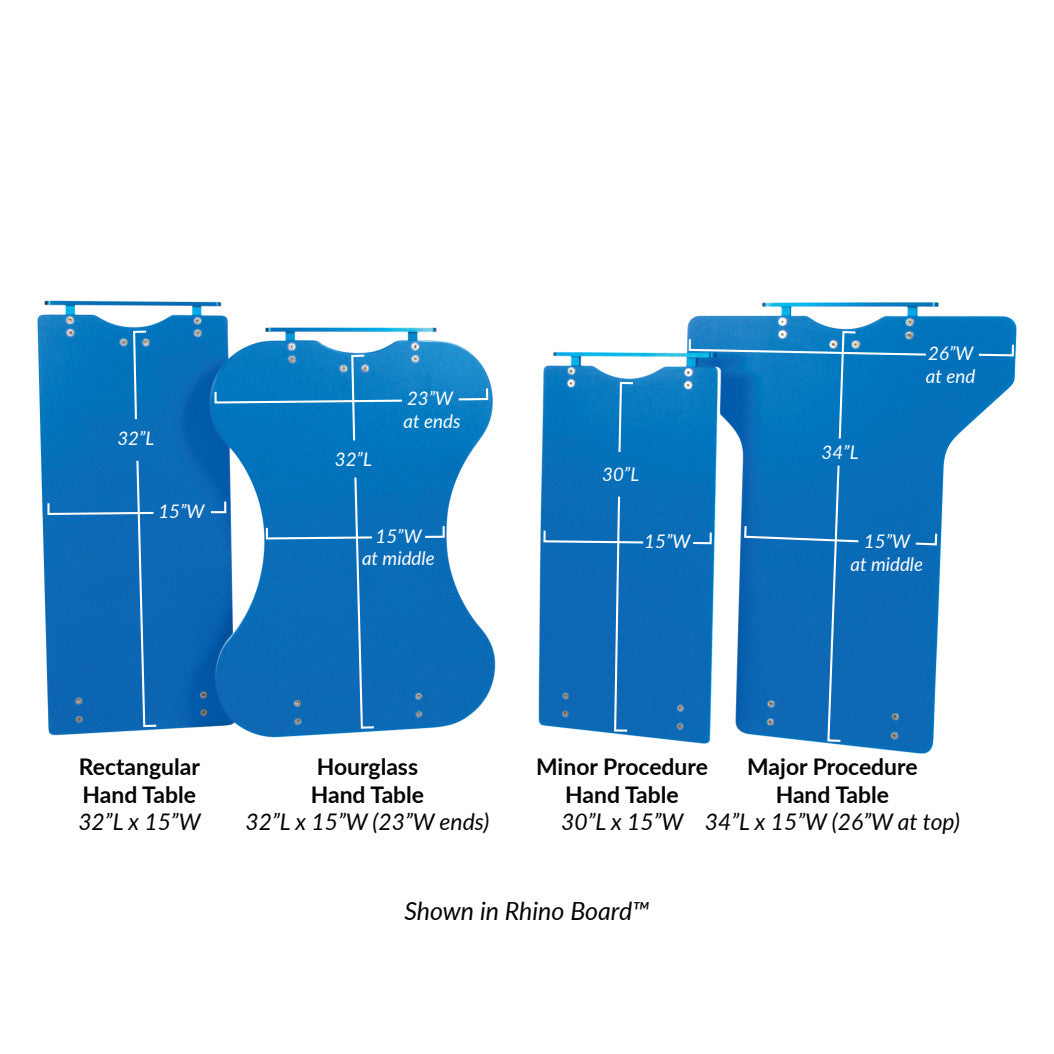 Four blue hand tables in different shapes and sizes with dimensions listed, featuring the AliMed Hourglass Rhino Board Hand Table.