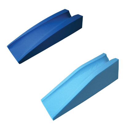 Two AliMed Elevating Leg Supports, one dark blue and one light blue, feature a contoured shape for leg elevation.