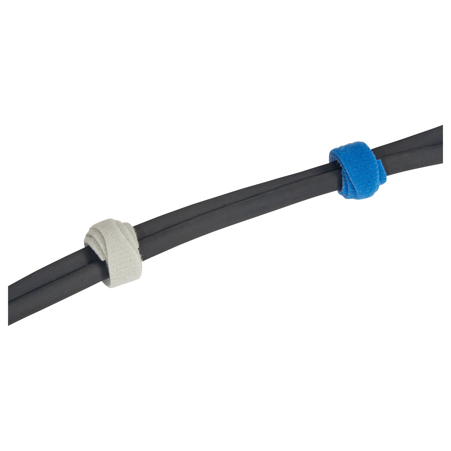 Two black cables secured with AliMed AliTies, featuring gray and blue hook and  loop straps.