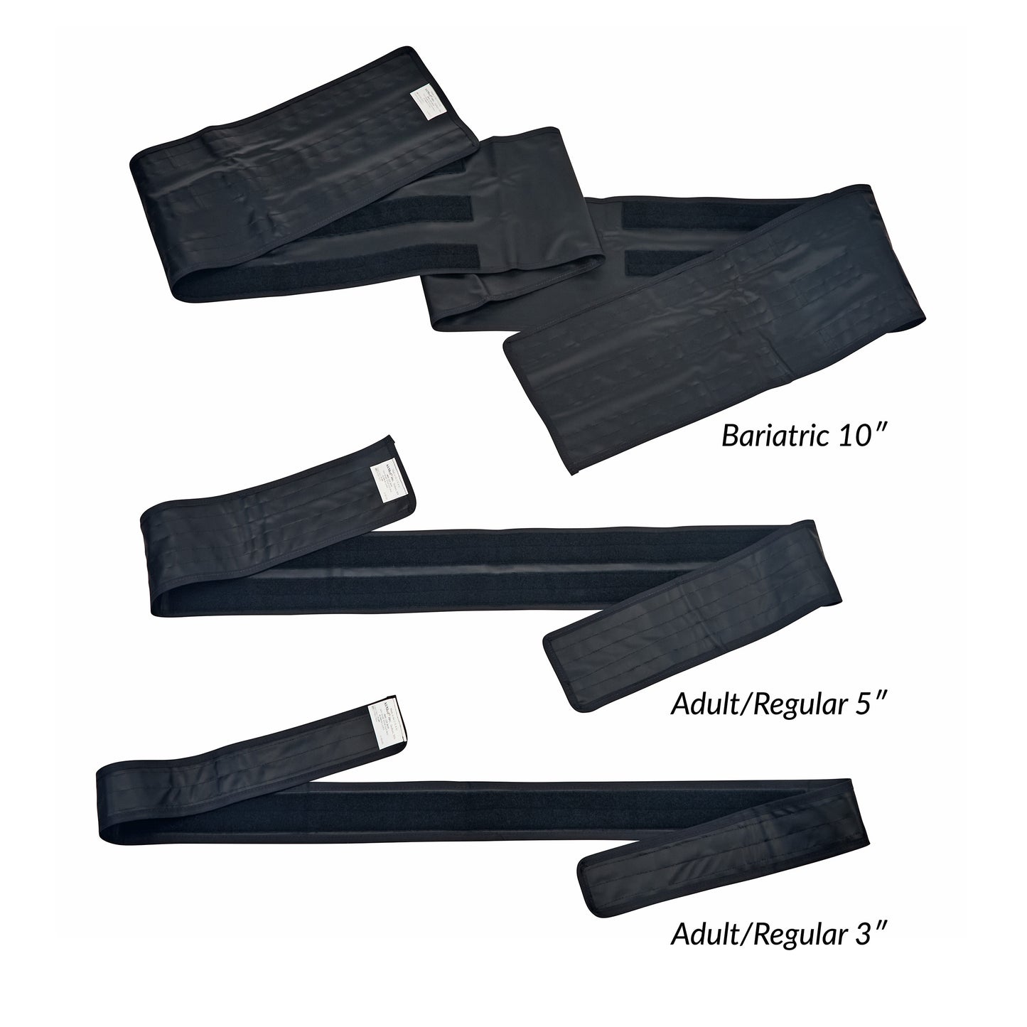 Three AliMed Nonmetallic Operating Room Table Straps are shown: Bariatric 10", Adult/Regular 5", and Adult/Regular 3".