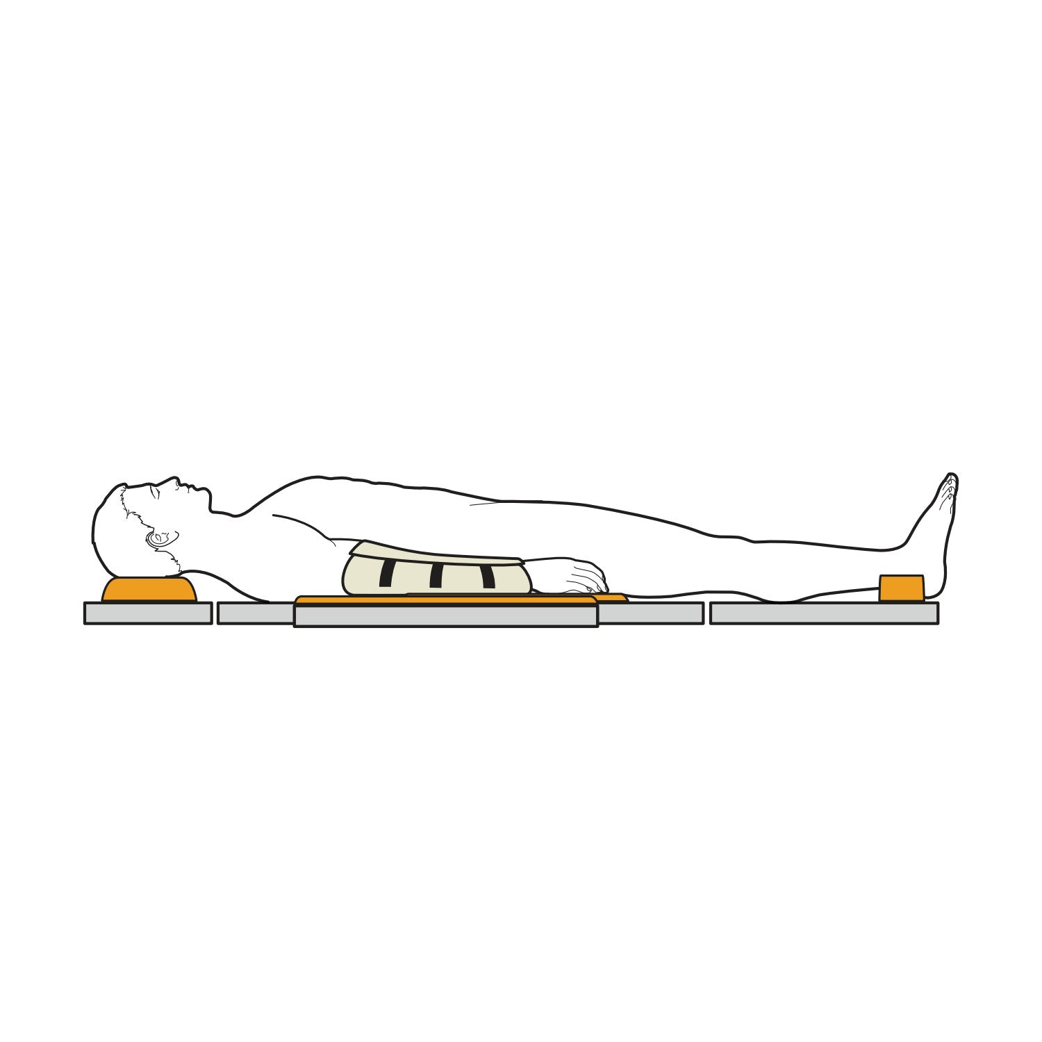 A person lying on their back is supported by the AliMed AliGel Basic Positioning Set, with pads under the head, back, and feet.