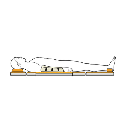 Illustration of a person using the AliMed AliGel Select Positioning Set. Pads support the head, arms, and legs for alignment.