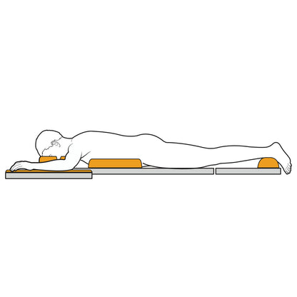 Illustration of a person using the AliMed AliGel Prone Positioning Set, shown with gel pads supporting head, chest, and legs.