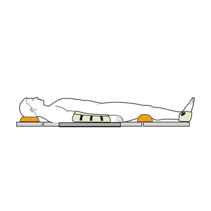 A person is lying supine with arm and foot splints, supported by the AliMed AliGel Supine Positioning Set to stabilize posture.