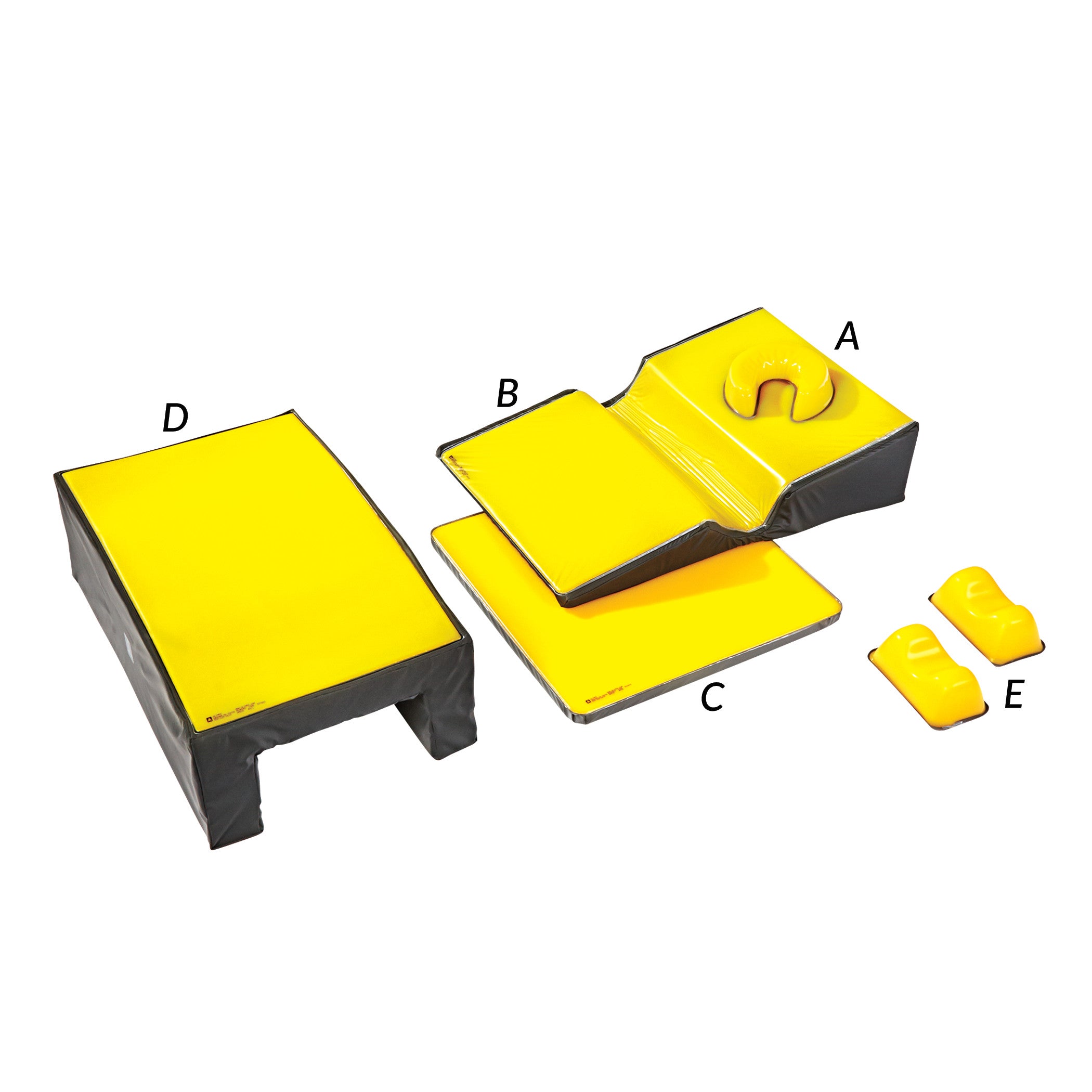 The AliMed AliLite Lateral Positioning Set, featuring yellow and black foam cushions in various shapes labeled A to E.