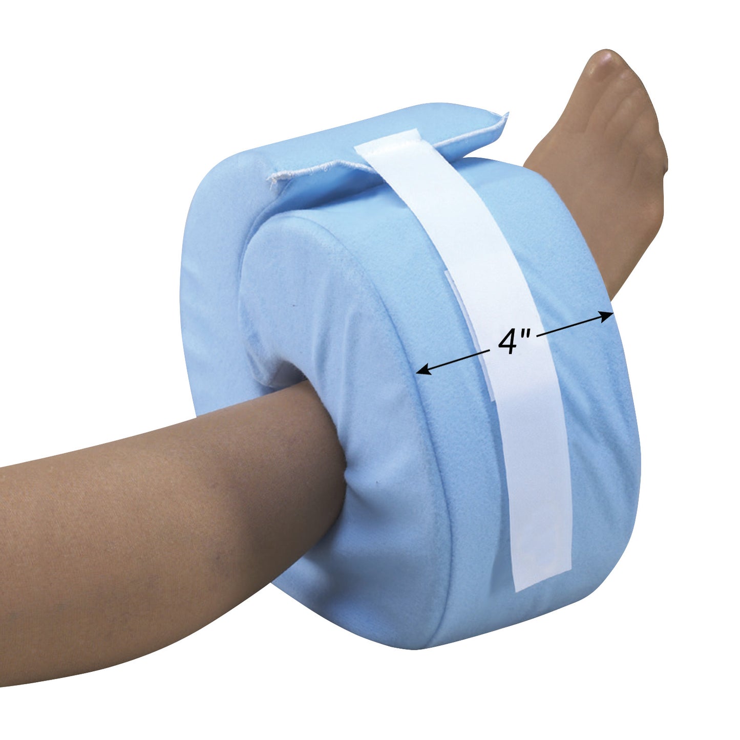 A leg is supported by a SkiL-Care Foot/Heel Elevator. The blue foam cushion elevates the heel, showing a 4-inch thickness.