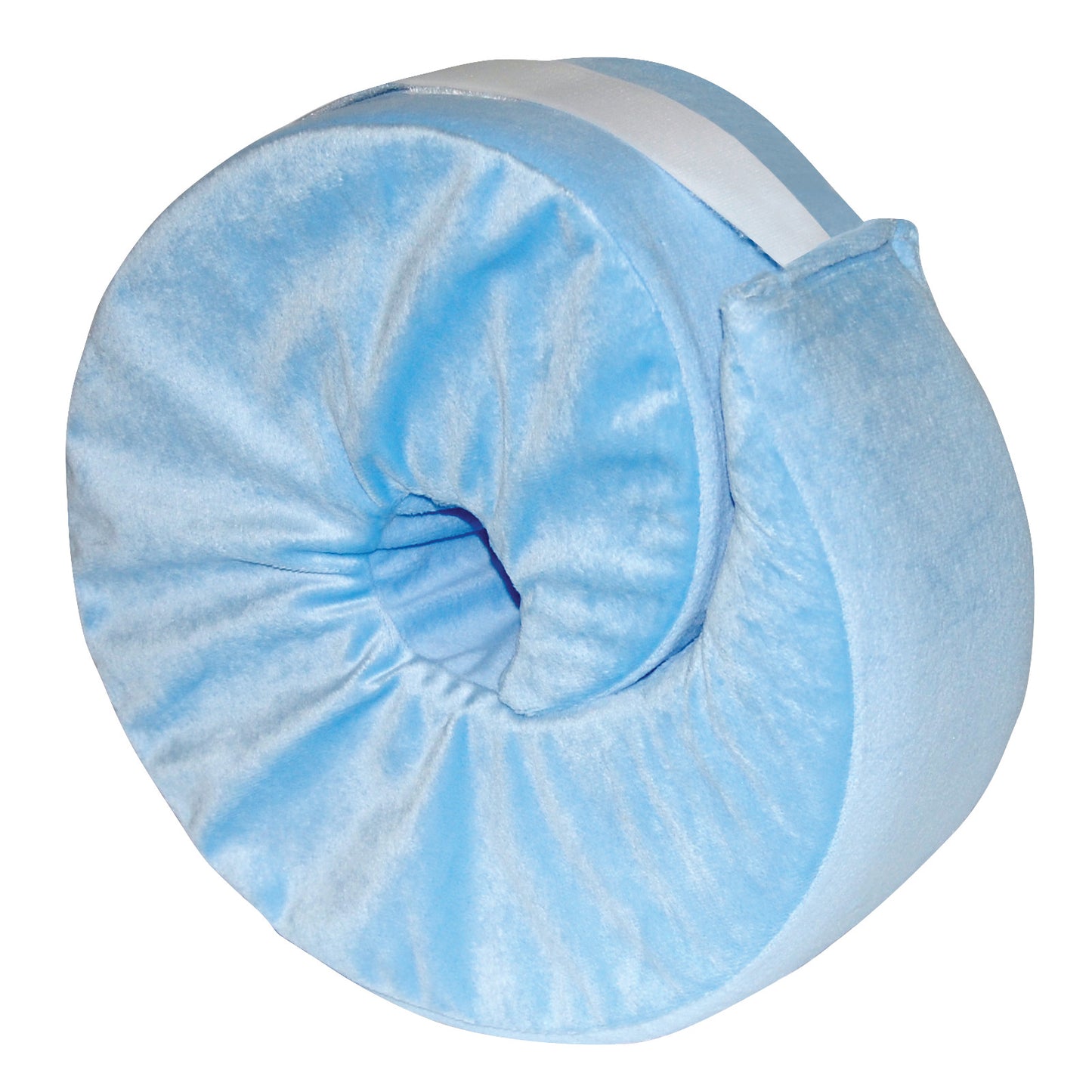 A blue SkiL-Care Foot/Heel Elevator, rolled with a spiral design, featuring a white adjustable strap on top.