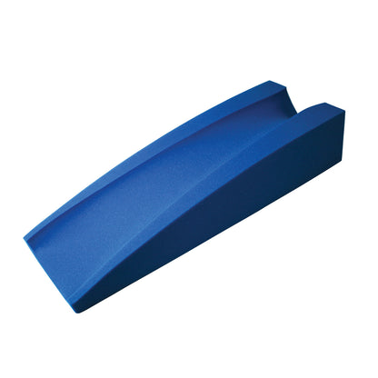 A blue AliMed Elevating Leg Support wedge with a curved design to elevate and support legs, made of foam material.