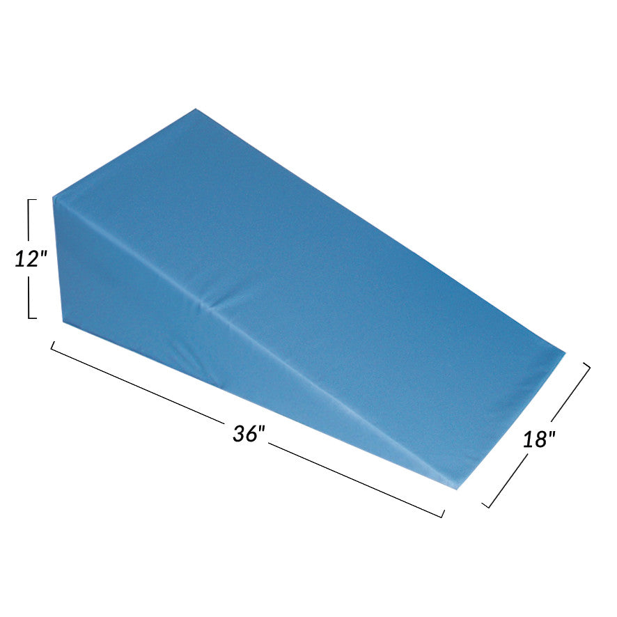 The AliMed Vinyl-Covered 20 Degree Large Wedge Positioner is a blue wedge measuring 36" long, 18" wide, and 12" high.