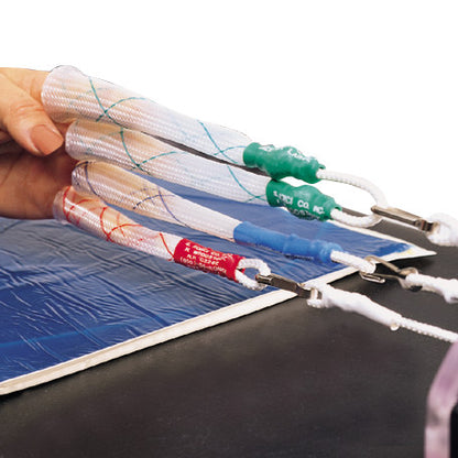 A hand holds three Allen Sterile Mesh Single Finger Traps in red, blue, and green, with clips attached to a surface for support.