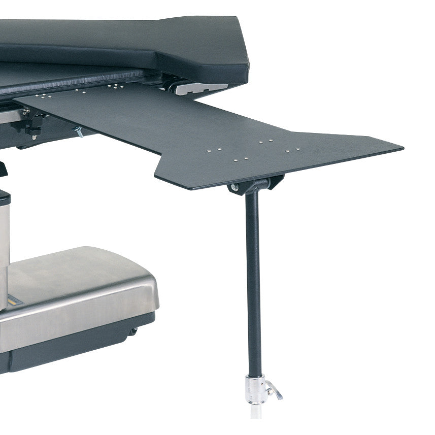 The Allen Carbon Light Hourglass Hand Table is shown with a black padded surface and a support leg, attached to a metal base.