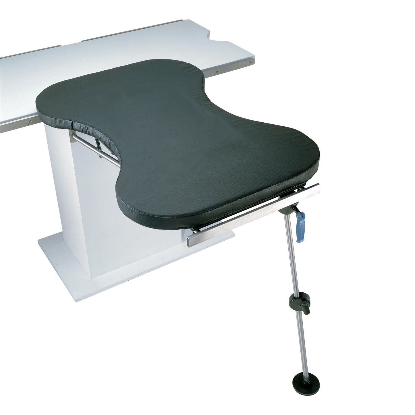 Allen Basic Hourglass Hand Table with a dark cushioned top attached to a table base, supported by an adjustable metal leg.