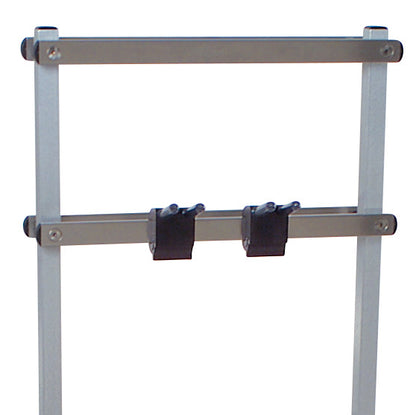 The image features an Accessory Hook for Allen Accessory Cart with two black straps on a metal frame for securing items.