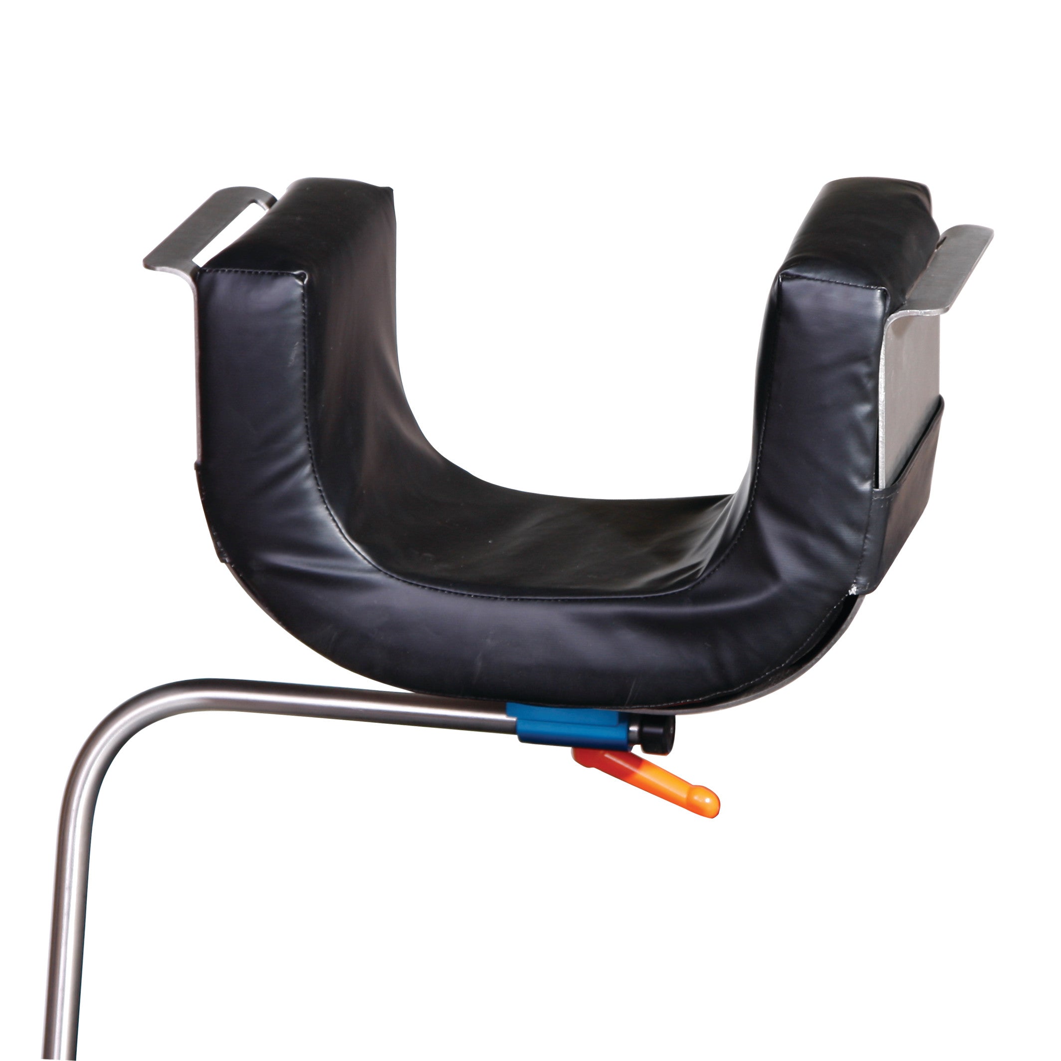 AliMed Bariatric Universal Positioner with a curved black cushion and metal handles mounted on a metal frame for medical support.