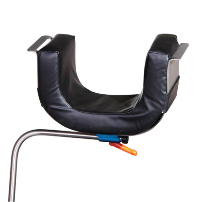 AliMed Bariatric Universal Positioner with a curved black cushion and metal handles mounted on a metal frame for medical support.