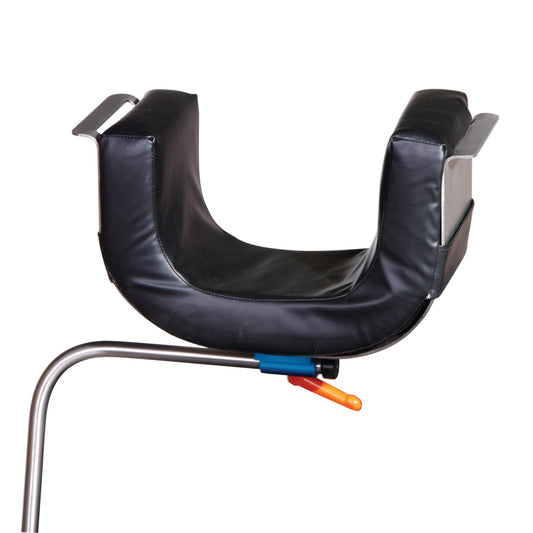 AliMed Bariatric Universal Positioner with a curved black cushion and metal handles mounted on a metal frame for medical support.