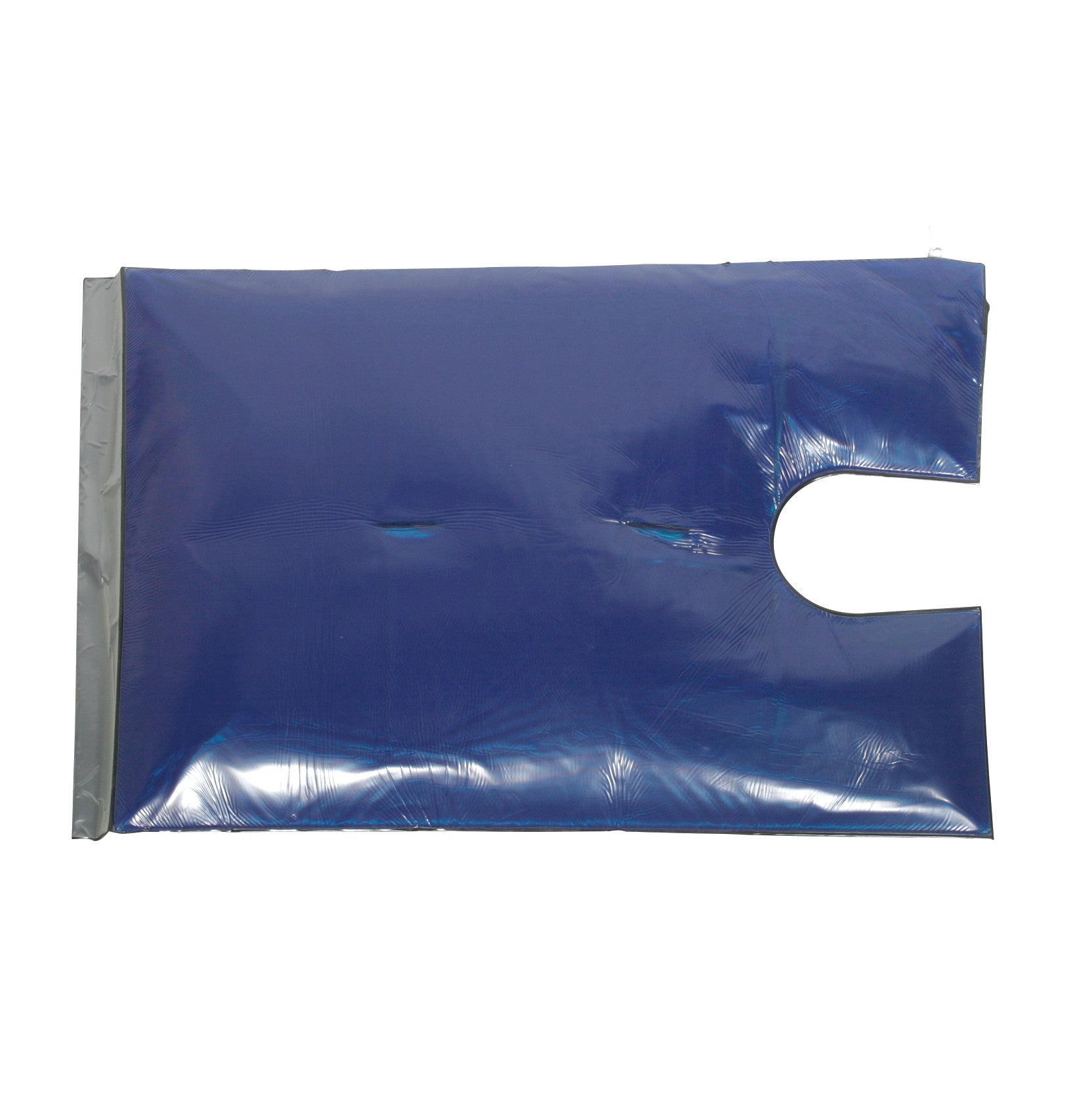 AliMed Gel Bean Bag Positioner with Cutout is blue, rectangular, with a cutout on one side and a silver edge for positioning support.