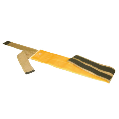 The AliMed AliGel Andrews Frame Iliac Strap is a long, padded strap with a yellow section and a striped black-and-beige pad.