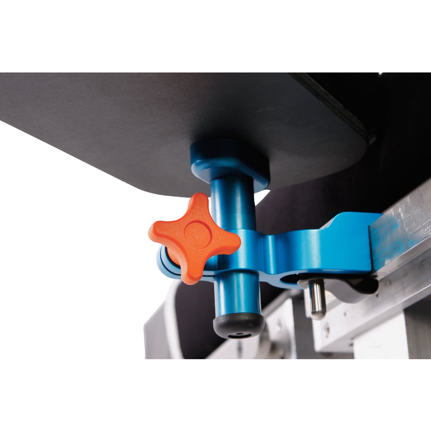 Close-up of an AliMed Height-Adjustable Phenolic Armboard with a blue metal frame and an orange adjustment knob.