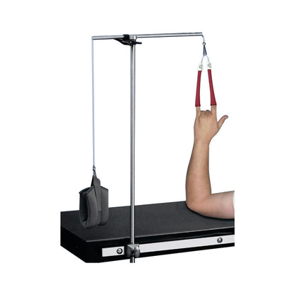 A Traction Cord for Rycor Traction Tower is shown, with a hand in a sling and a weight hanging from a metal frame.