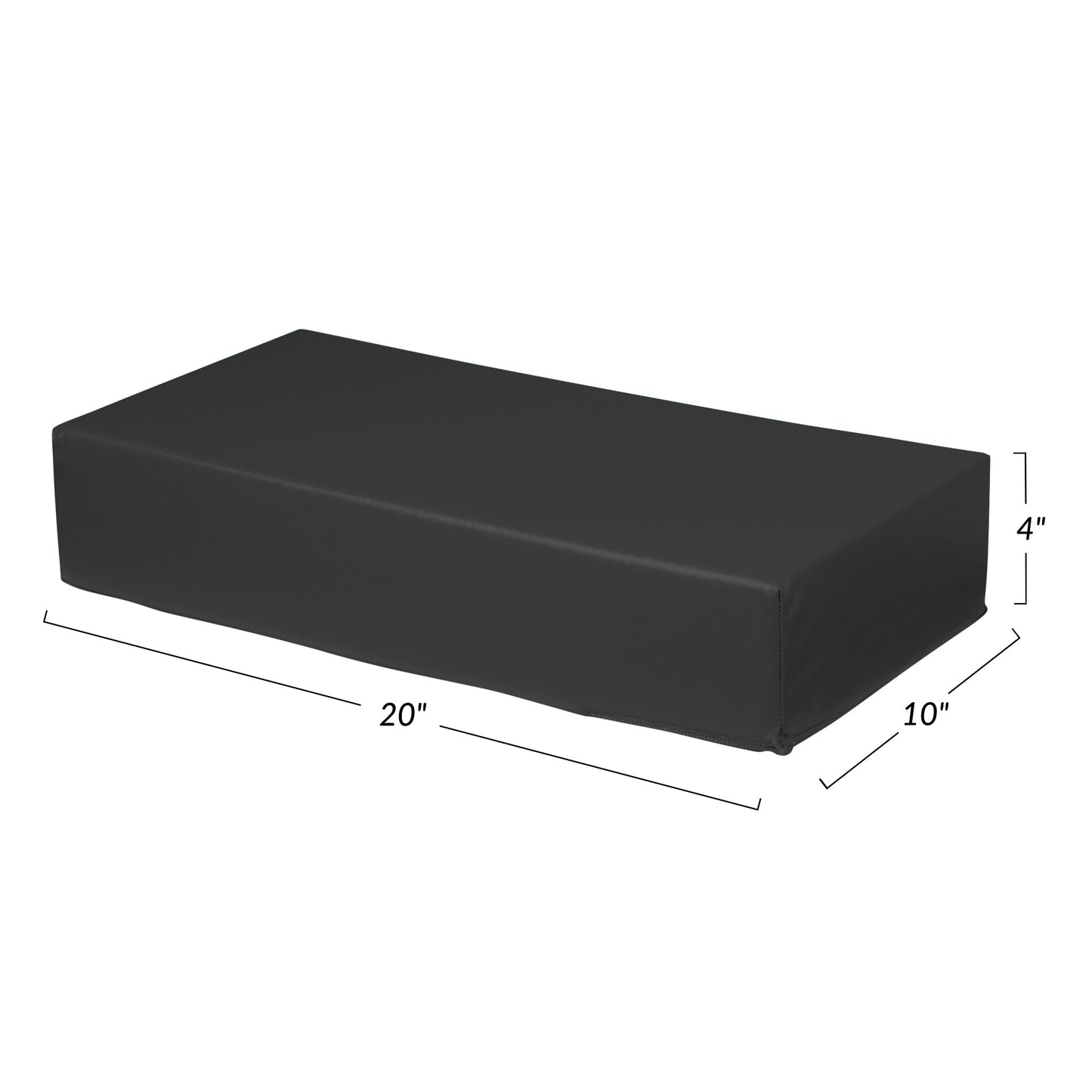 AliMed Vinyl-Covered Large Rectangle Positioner, black, measuring 20" x 10" x 4", shown with dimensions labeled.