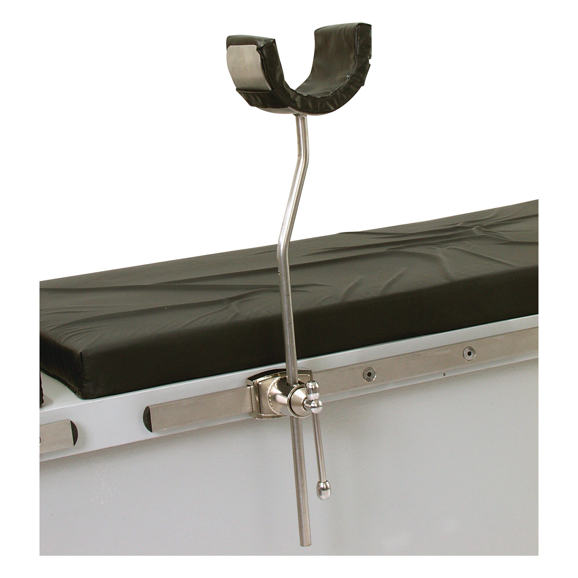 AliMed Elbow Arthroscopy Positioner with Clark Socket Plus, featuring a metal arm support and black cushioned pad on a medical table.