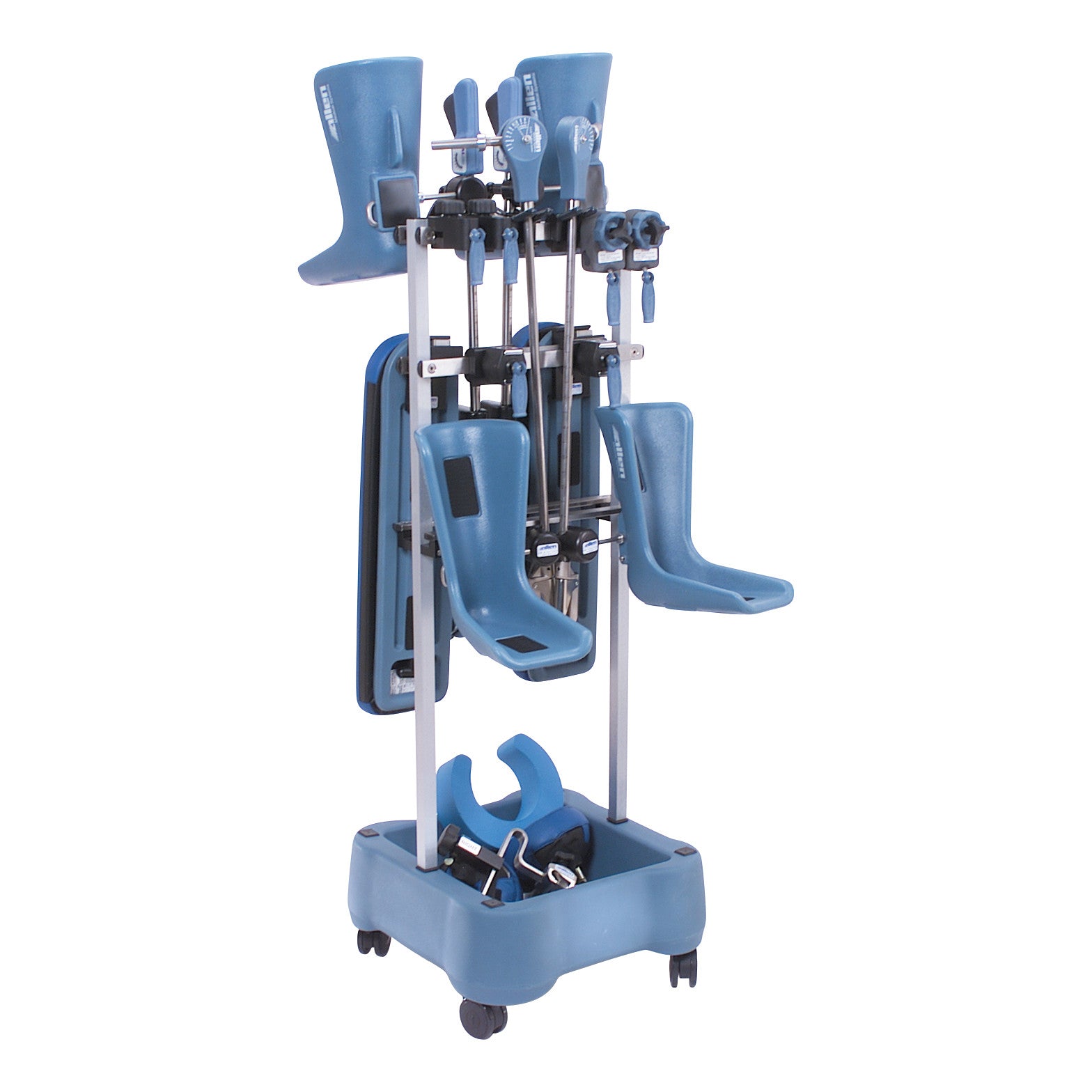 The Allen Accessory Cart is a blue medical equipment holder with multiple attachments and wheels for easy mobility.