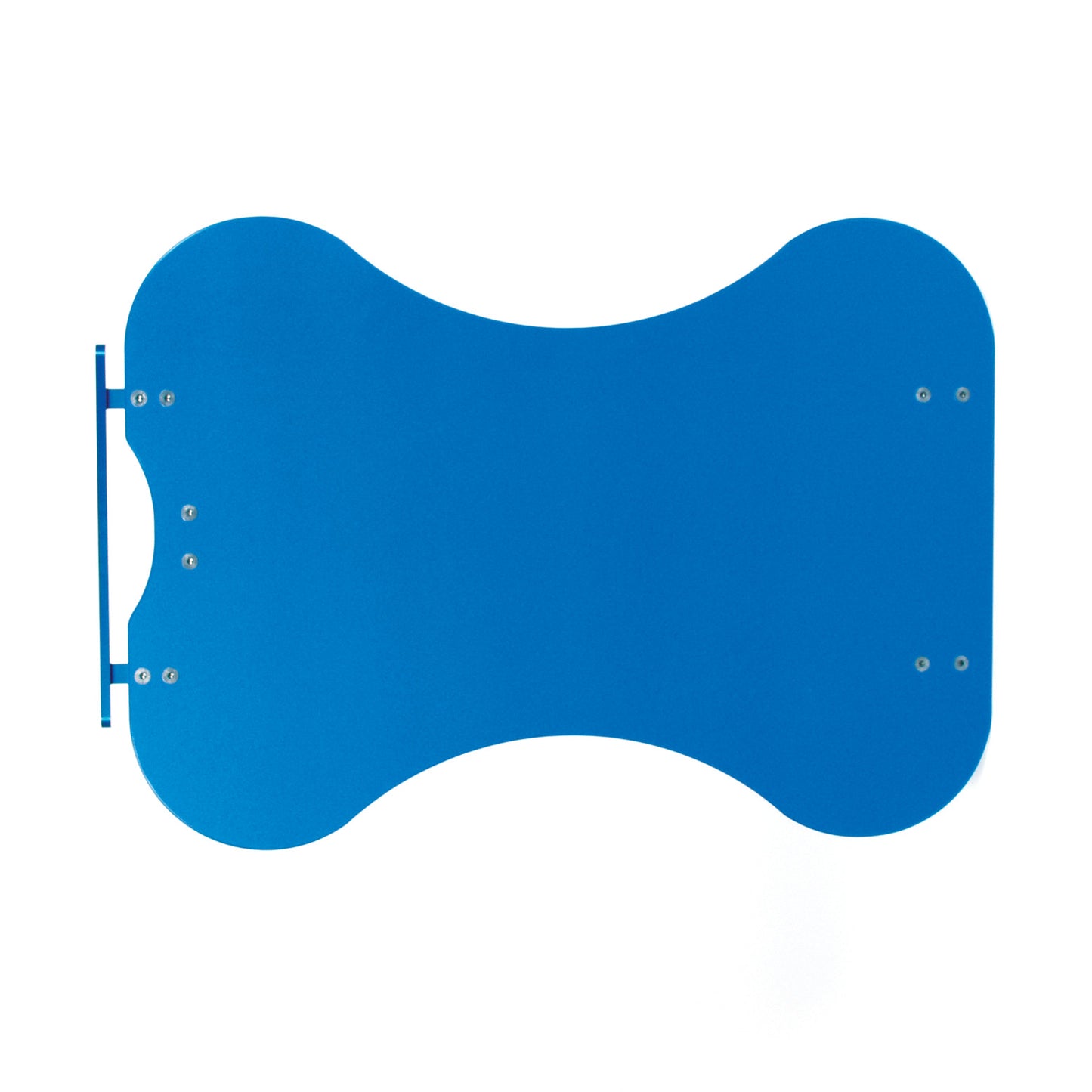The AliMed Hourglass Rhino Board Hand Table is a blue, hourglass-shaped board with mounting holes, used as a surgical accessory.