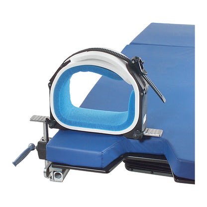 The Allen Deluxe Arthroscopic Leg Holder System features a blue padded holder with adjustable straps, attached to a table corner.