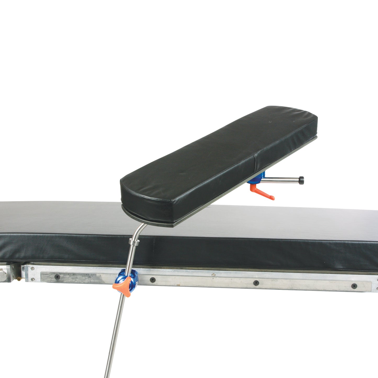 The AliMed Versa-Board is a padded arm support attached to a medical table with metal rods and adjustment knobs.