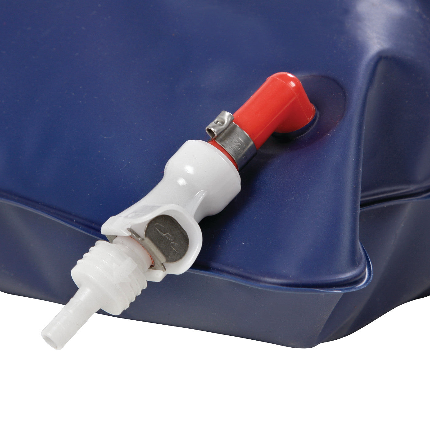Close-up of a Bean Bag Valve for AliMed Bean Bag Positioner, featuring a white and red valve attached to blue fabric.