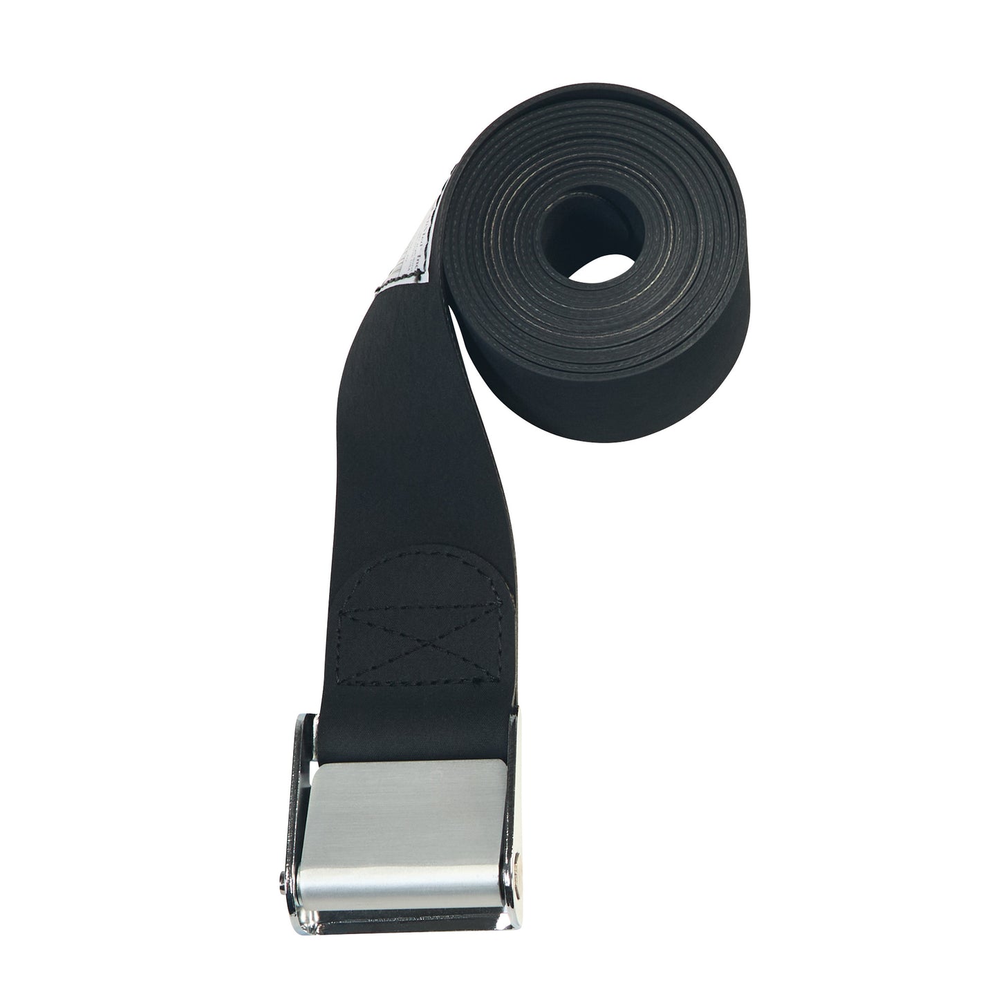 Coiled black AliMed Economy Strap with a brushed metal buckle, designed for securing or fastening in medical settings.