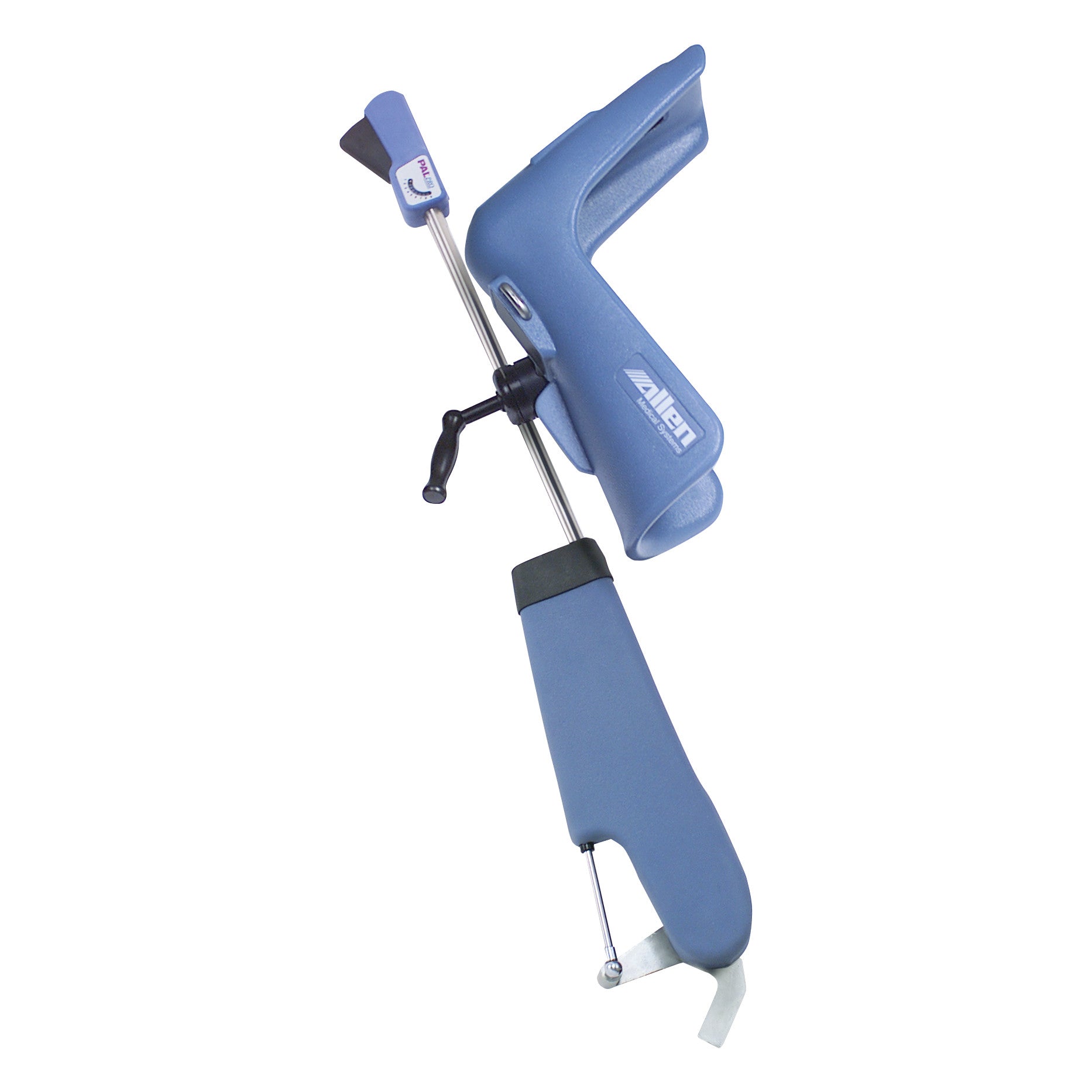 An Allen PAL Pro Lithotomy Stirrup with blue padding, designed for surgical procedures, featuring adjustable positioning.