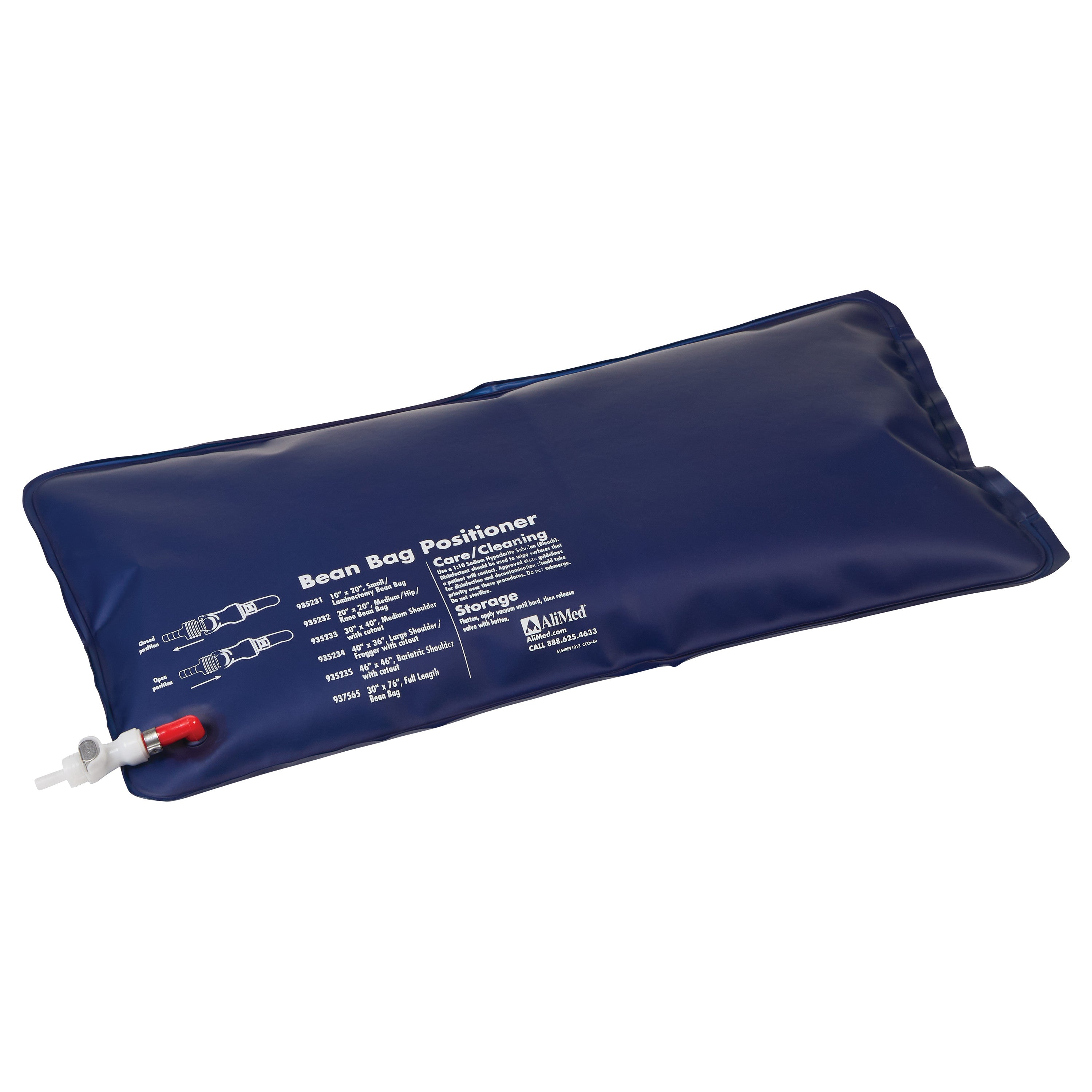Blue AliMed Universal Bean Bag Positioner with printed care instructions and a valve attachment on one side.