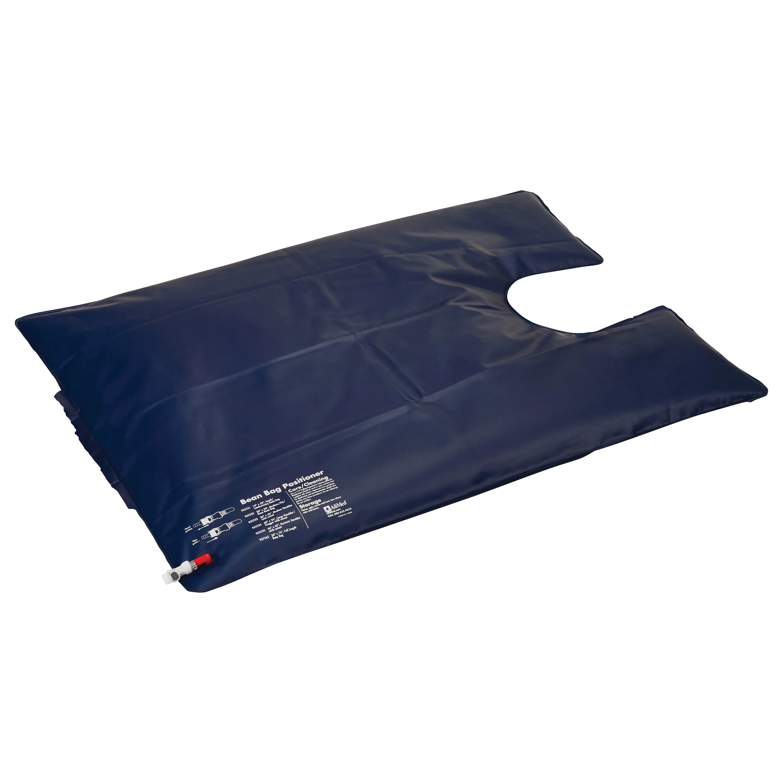 AliMed Bean Bag Positioner with Cutout is a dark blue medical cushion with a U-shaped cutout and inflation valve for patient support.