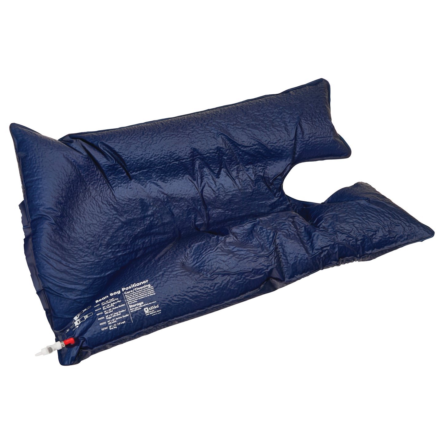 AliMed Bean Bag Positioner with Cutout is a dark blue, textured cushion with a U-shaped cutout, used for positioning.