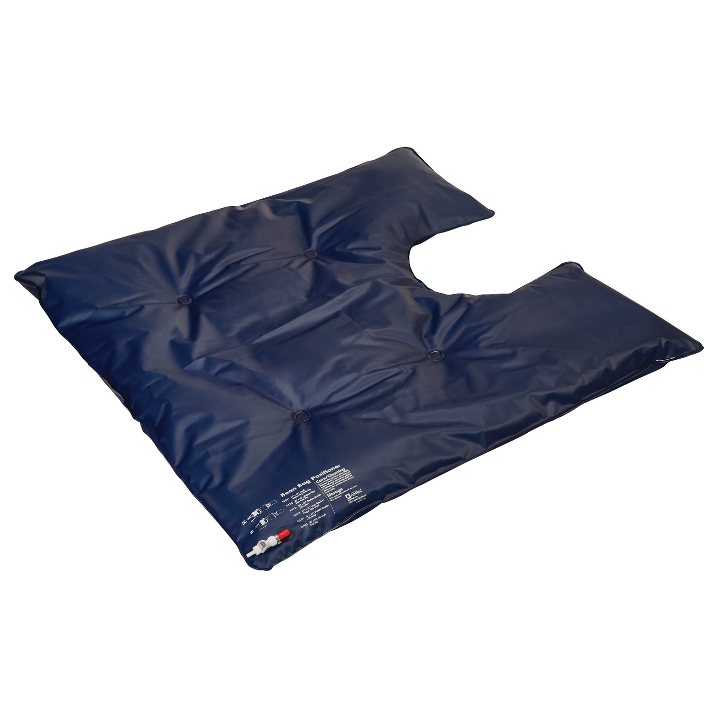 The AliMed Bean Bag Positioner with Cutout is a dark blue cushion with a cutout section, designed for medical positioning.