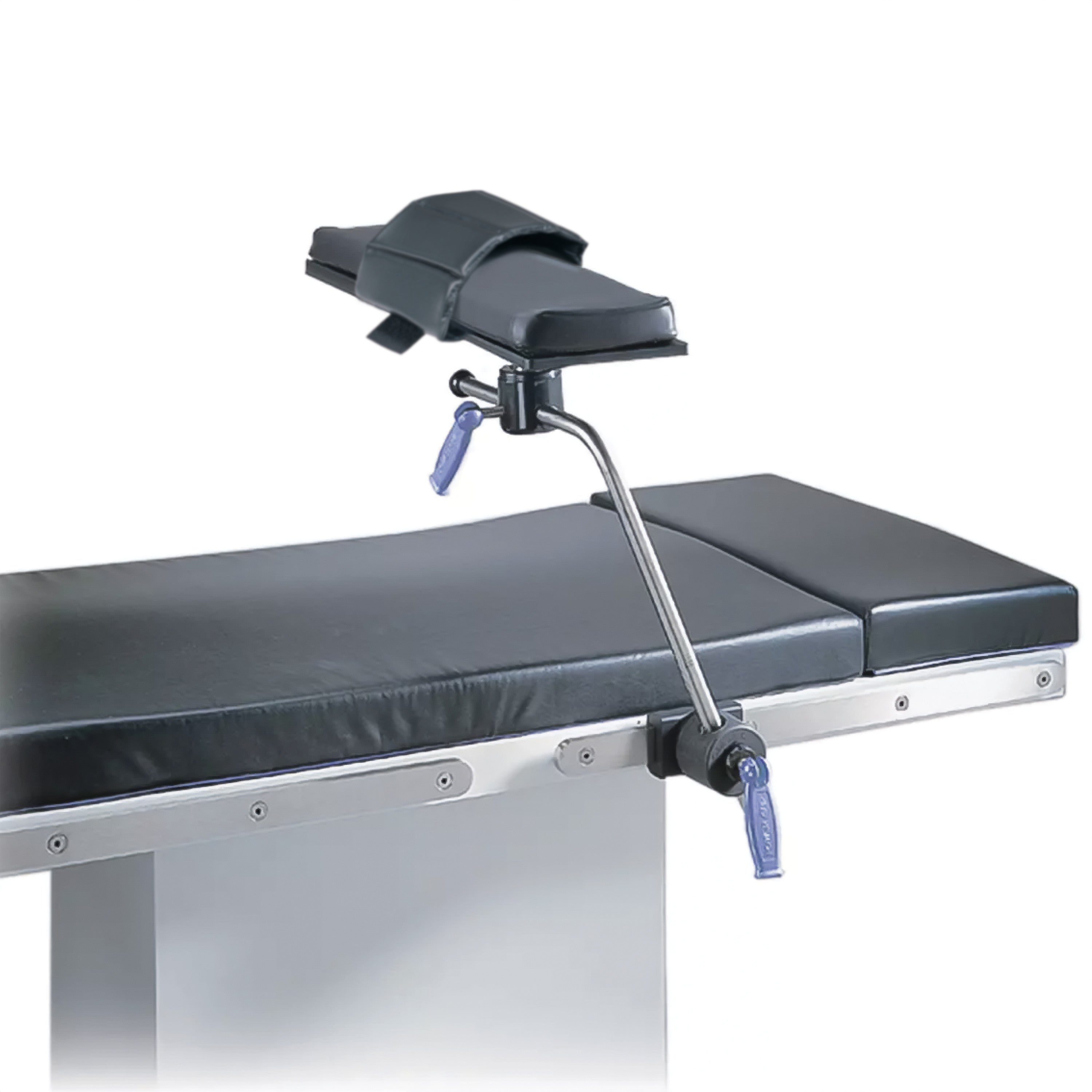 Armboard Pad for Allen Multi-Task Armboard with Clamshell Strap attached to a medical table with metal support and blue clamps.