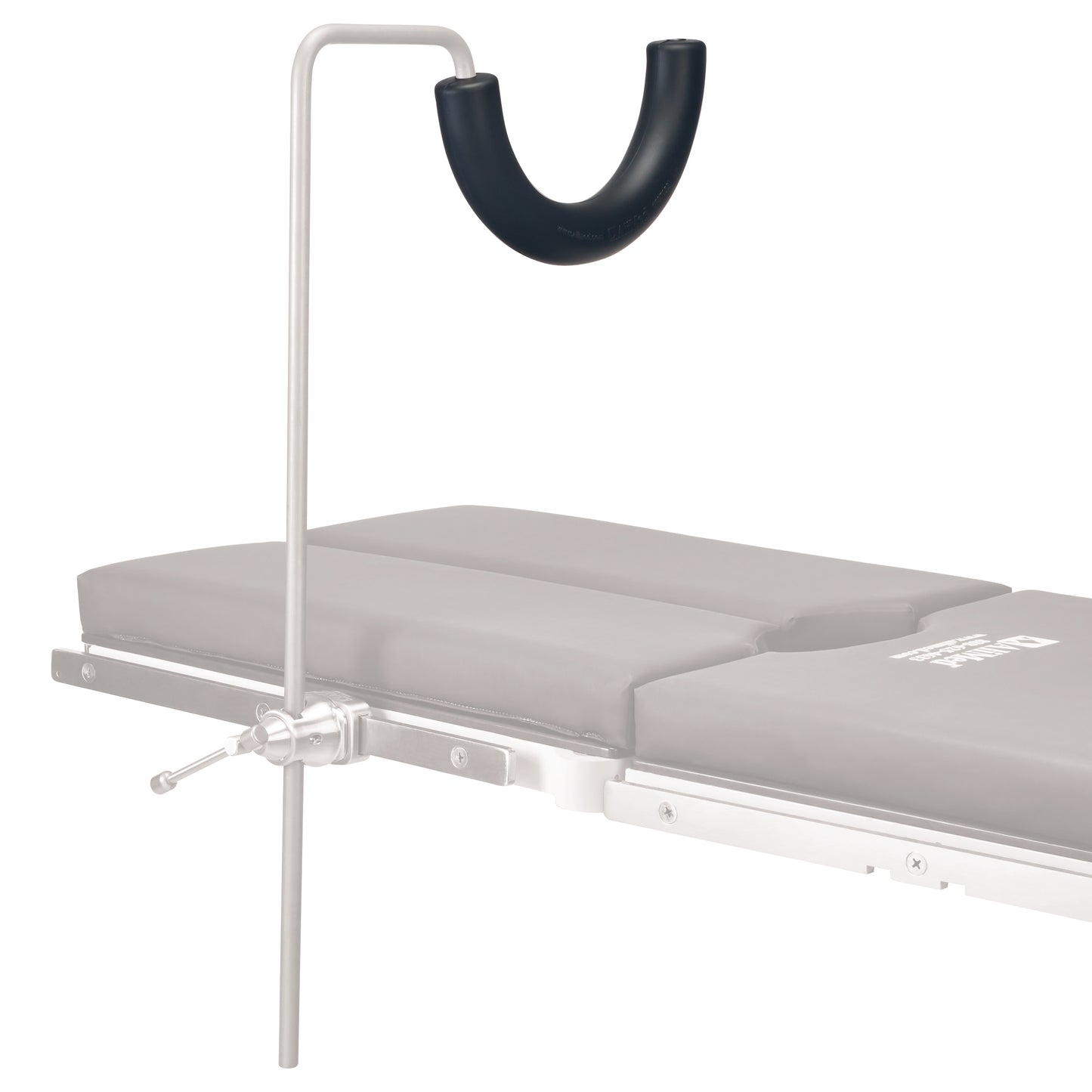 Replacement Pad for AliMed Single-Leg Prepper, 8", attached to a medical platform with a U-shaped black cushion and silver rod.