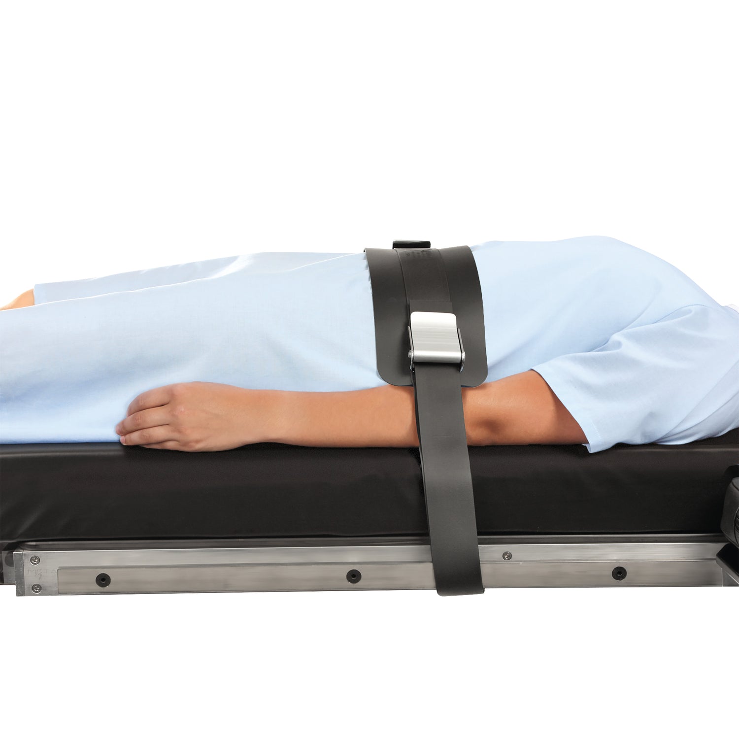 A person lies on a table, secured by the AliMed VeriClean Operating Room Table Strap with Mid-Panel, featuring a sturdy buckle.