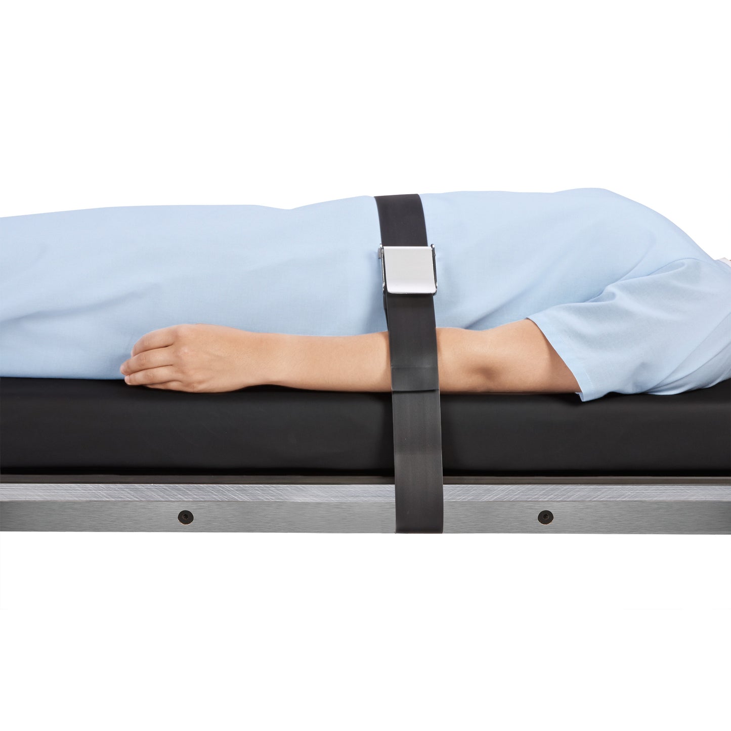 Person lying on a table with a blue gown. An AliMed VeriClean Single Operating Room Table Strap secures the individual in place.