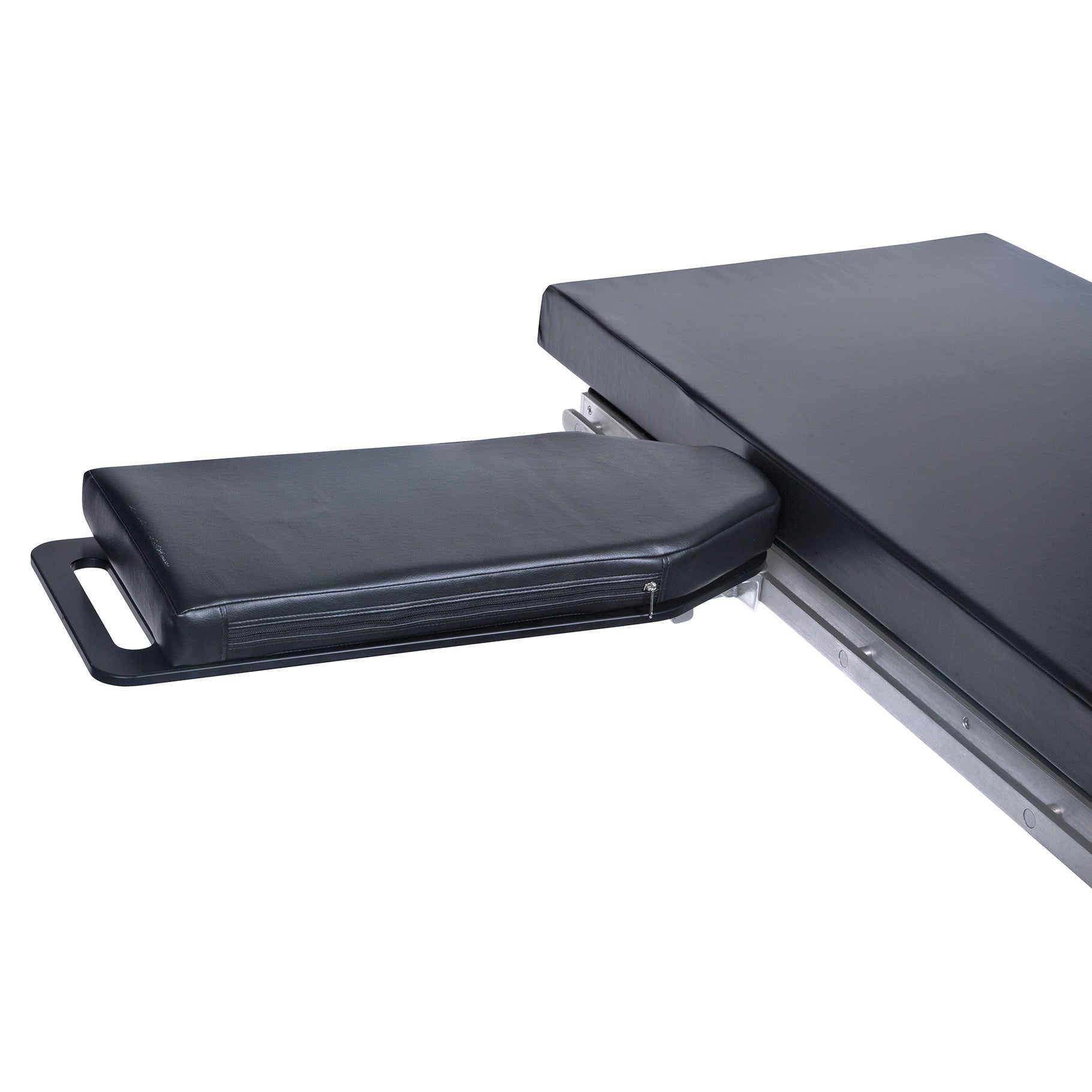 AliMed Pivoting Armboard attached to a medical table, featuring a black padded surface and a handle for easy positioning.