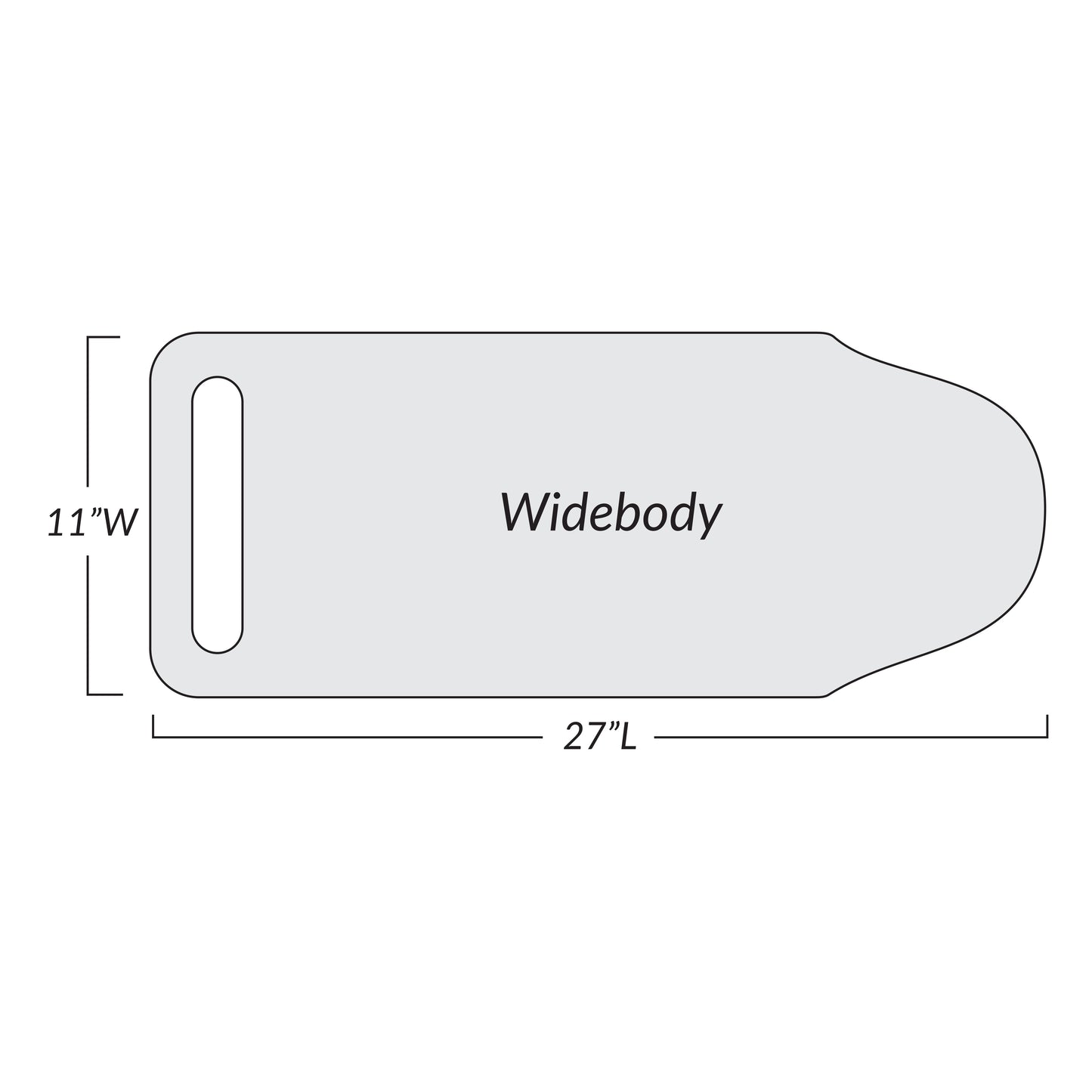 Diagram of the AliMed Pivoting Armboard labeled "Widebody," measuring 27 inches long by 11 inches wide, with a handle slot.