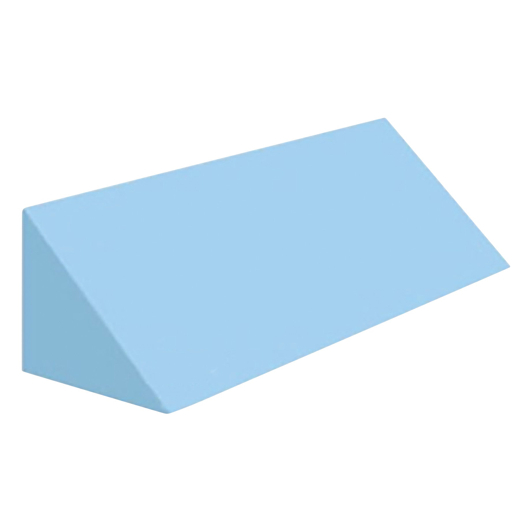 AliMed Uncovered Polyfoam 45 Degree Large Wedge Positioner, seen from an angle, features a smooth light blue surface and triangular shape.