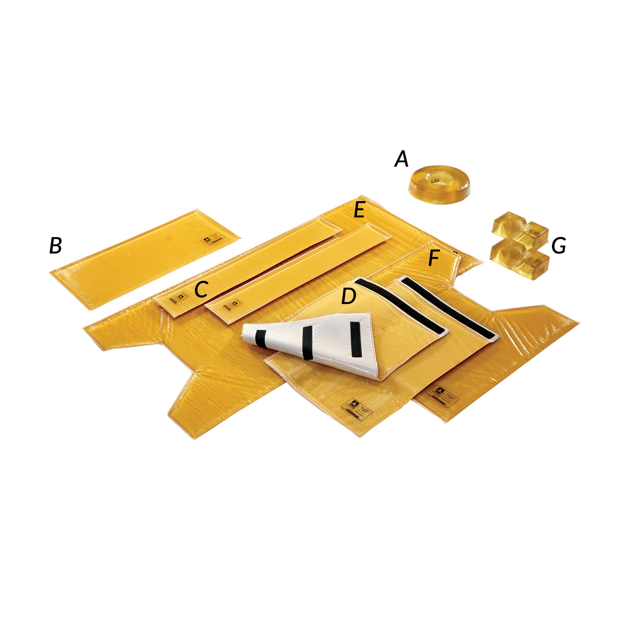 AliMed AliGel Select Positioning Set includes various yellow gel pads labeled A to G, designed for medical positioning support.
