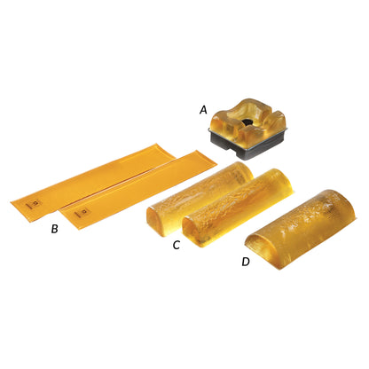 AliMed AliGel Prone Positioning Set includes items A, B, C, and D. They are various yellow gel supports for prone positioning.