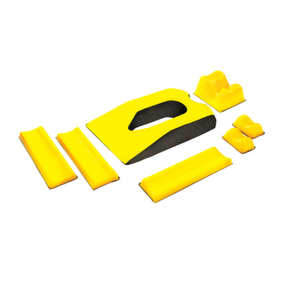 AliMed AliLite Prone Positioning Set includes yellow and black cushions of various shapes for medical support and positioning.