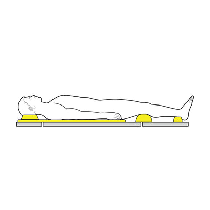 A person lies on their back using the AliMed AliLite Supine Positioning Set, with yellow supports under their head, arm, knees, and feet.