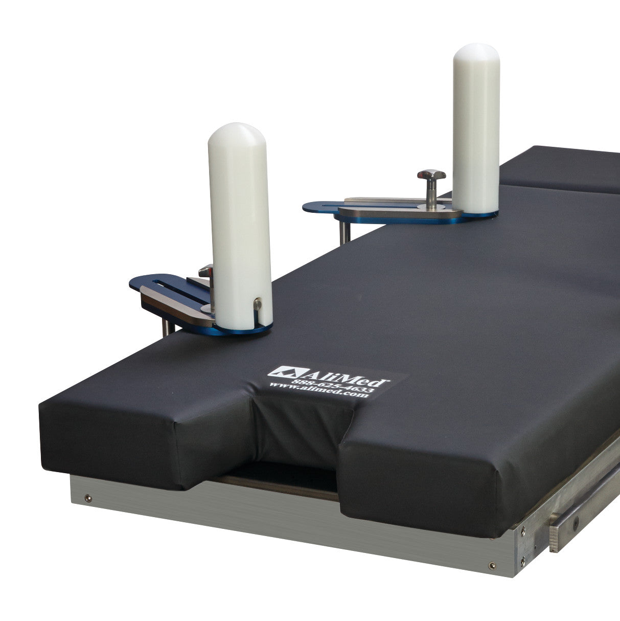 AliMed Posterior Lateral Positioner with two vertical white supports on a black padded surface, designed for medical positioning.