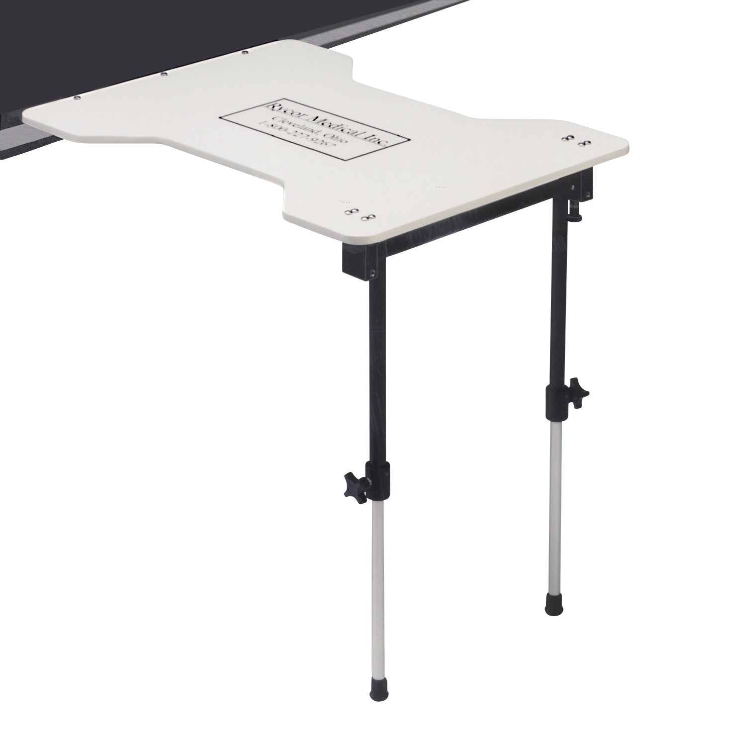 Specialist Series Carbon Fiber Ultralight Hourglass Hand Table for Stretcher with two adjustable legs attached to a surface.